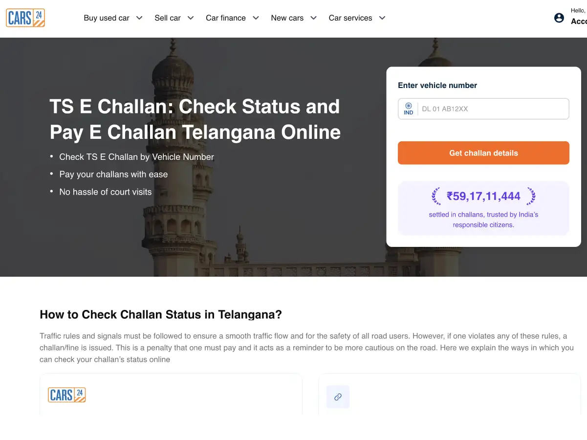 Telangana Traffic Challan Status on CARS24