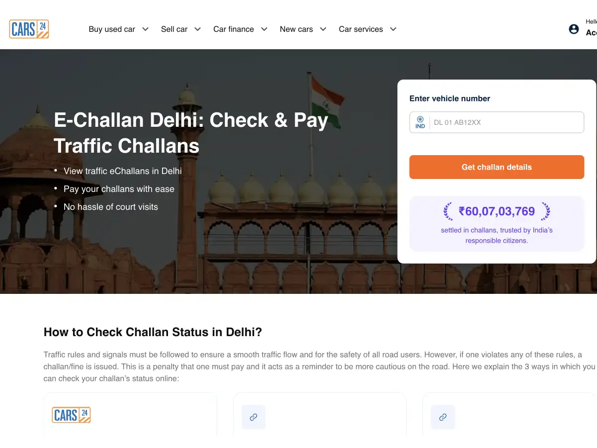 Delhi traffic challan status at Cars24